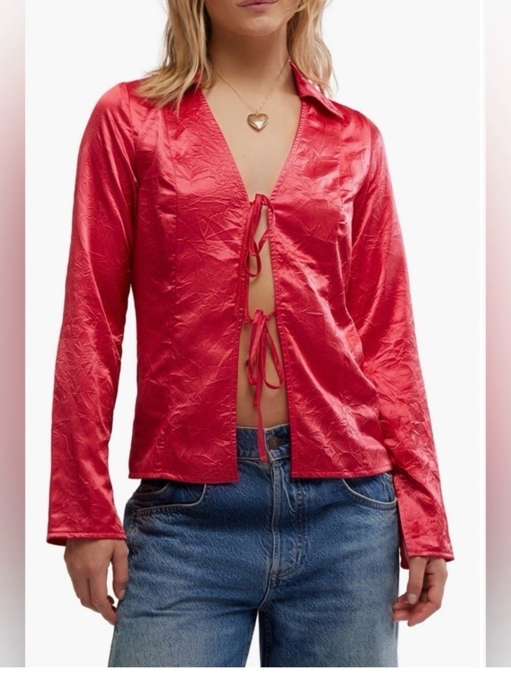 Free People Retro Red Satin Tie Front Blouse NWT XS